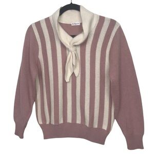 Sun Terrace Pink Ivory Vertical Striped Tie Neck Sweater